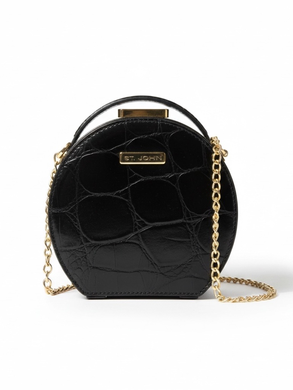 St. John Black Croc-Embossed Round Top-Handle Mini Bag with Gold Chain - Picture 2 of 8